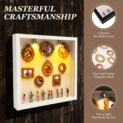 New DIY Mini Gold Grames Silhouette Box, Upgrade Shadow Box Frame Kit with Gold Miniature Museum & Figurines, Celebrate Your Unique Memories in Style, for Anniversary, Wedding, Birthday & Home Decor