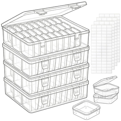 124 Pack Bead Organizer Box, Transparent Small Plastic Containers (4 Large Boxes and 120 Small Boxes), Bead Organizers and Storage with Blank Stickers for Bracelet Making DIY Jewelry Craft Nail
