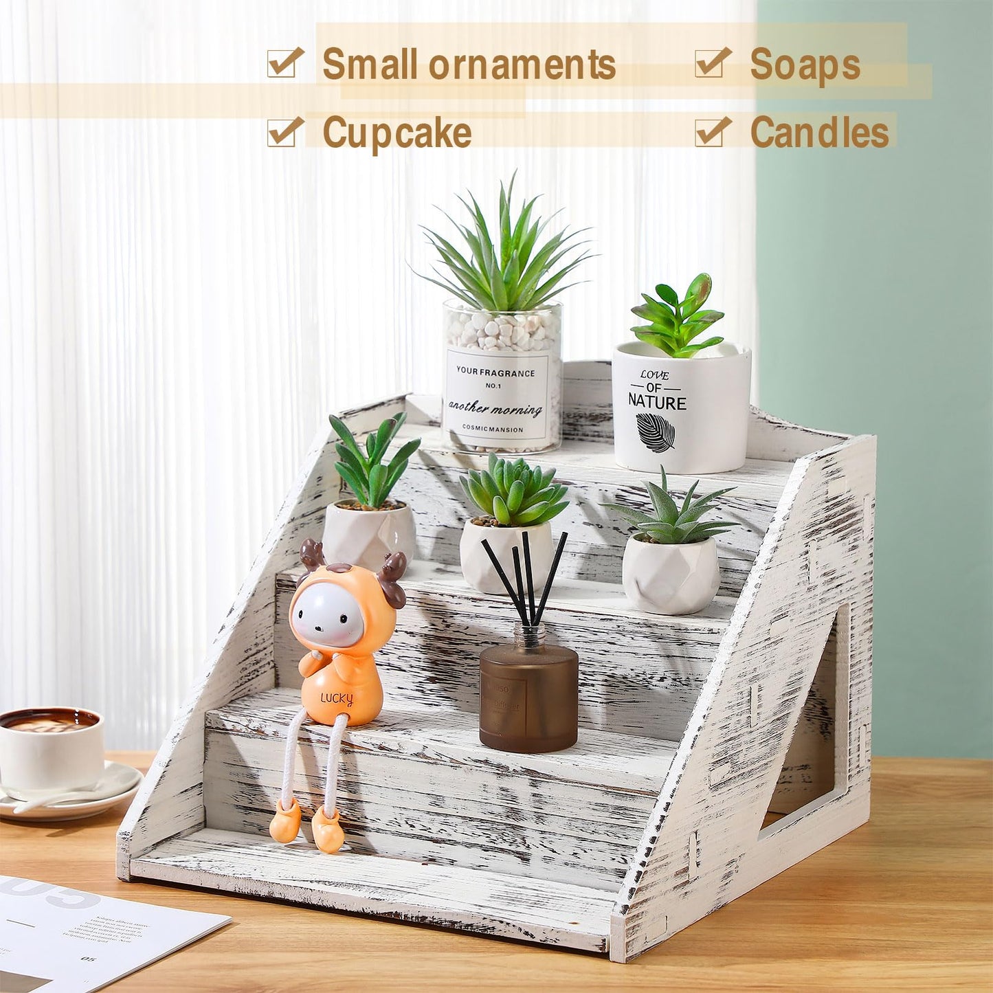 Jetec 4 Tier Wood Cupcake Display Stands Retail Wooden Craft Fair Display Riser Rustic Dessert Holder Rack Soap Stand for Craft Show Baby Shower Cupcakes Candy Wedding Party(Retro White)
