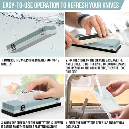 Knife Sharpening Stone Kit - Goodjob Premium Japanese Whetstone Knife Sharpener Stones Set - Dual Grit 400/1000 Water Stones with Non-Slip Silicone Base, Angle Guide, Flattening Stone