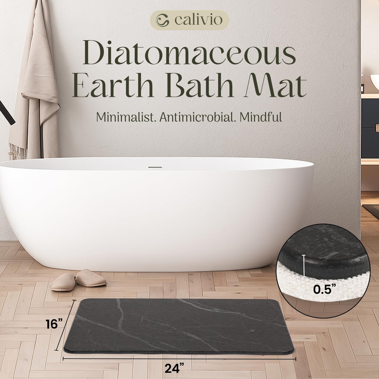 Calivio Quick Dry Shower Stone Bath Mat, Super Absorbent & Non-Slip 24 x 16 Inch Diatomaceous Earth Mat, Durable & Easy to Clean Diatomite Bath Mat for Bathroom Floor/Kitchen (Charcoal)