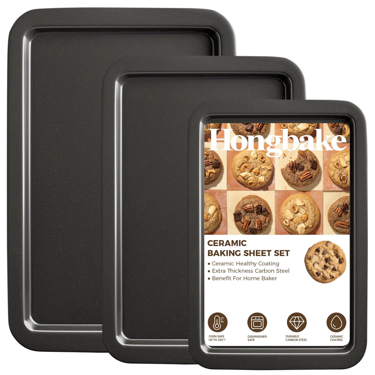HONGBAKE Ceramic Baking Sheet Pan Set, Cookie Sheet for Oven, Bakeware Sets with Wider Grips, 3 Pack Half/Jelly Roll/Quarter Baking Tray, Premium, Dishwasher Safe - Dark Grey