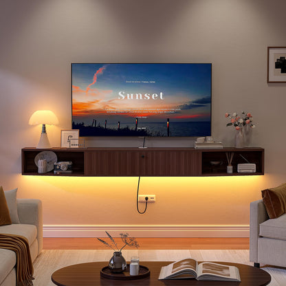 FloatiCasa 78inch Floating TV Stand, Plywood Wall Mounted Media Console with 1 Flip Down Door & 5 Open Shelves, Modern Floating Entertainment Center with Wire Management for Living Room, Walnut