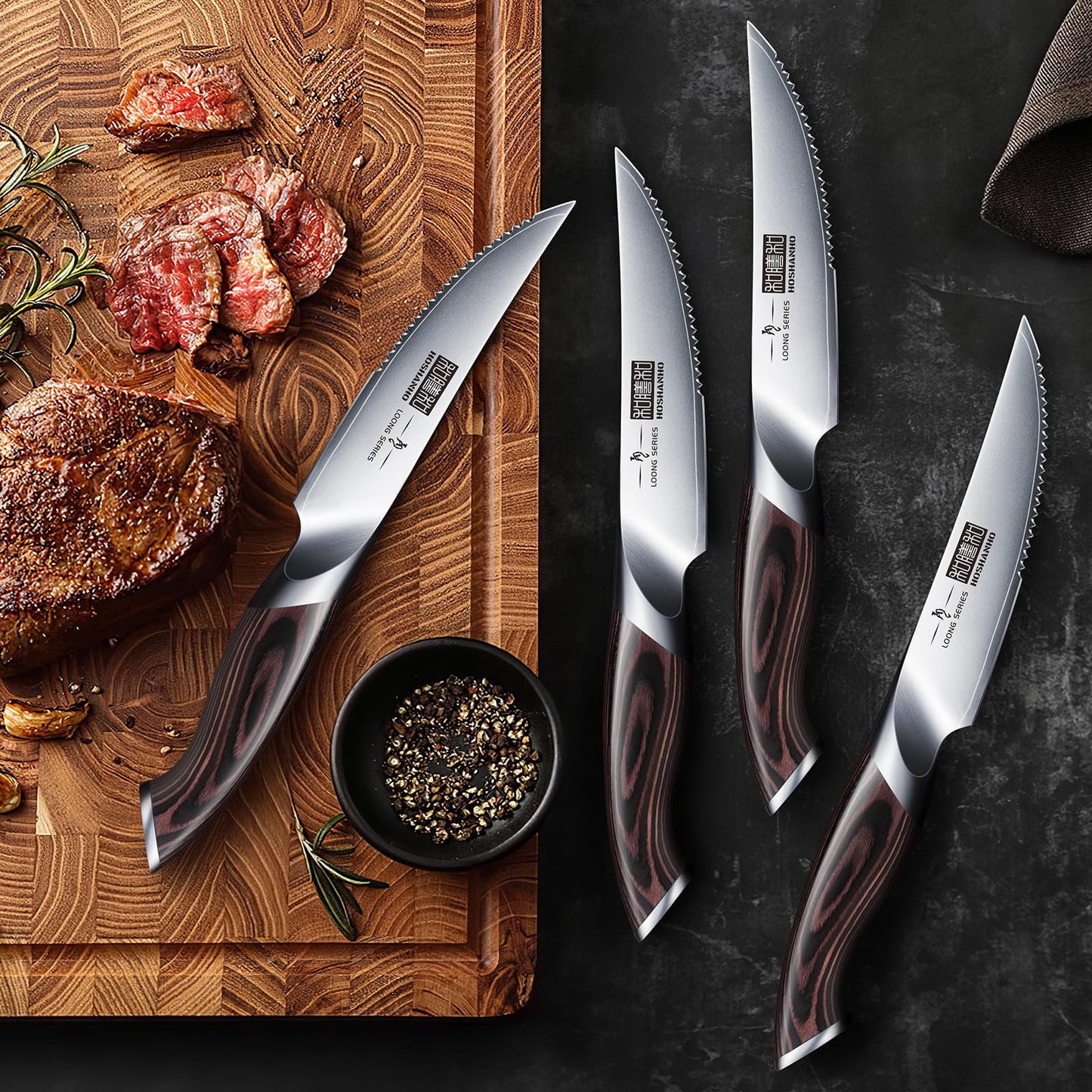 HOSHANHO Steak Knives Set of 6 with Block, 4.5 Inch Serrated Steak Knife Set, Japanese High Carbon Steel Kitchen Steak Knives with Ergonomic Handle