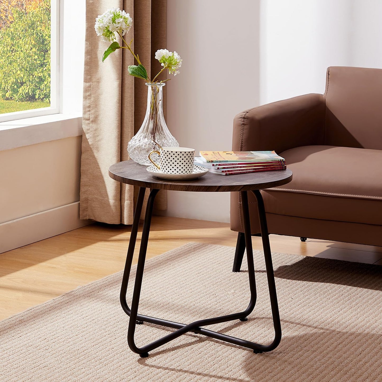 Table,17.7 inch VECELO Outdoor Side Patio Small Round End Table,Waterproof Wood Table with Weather Resistant Steel