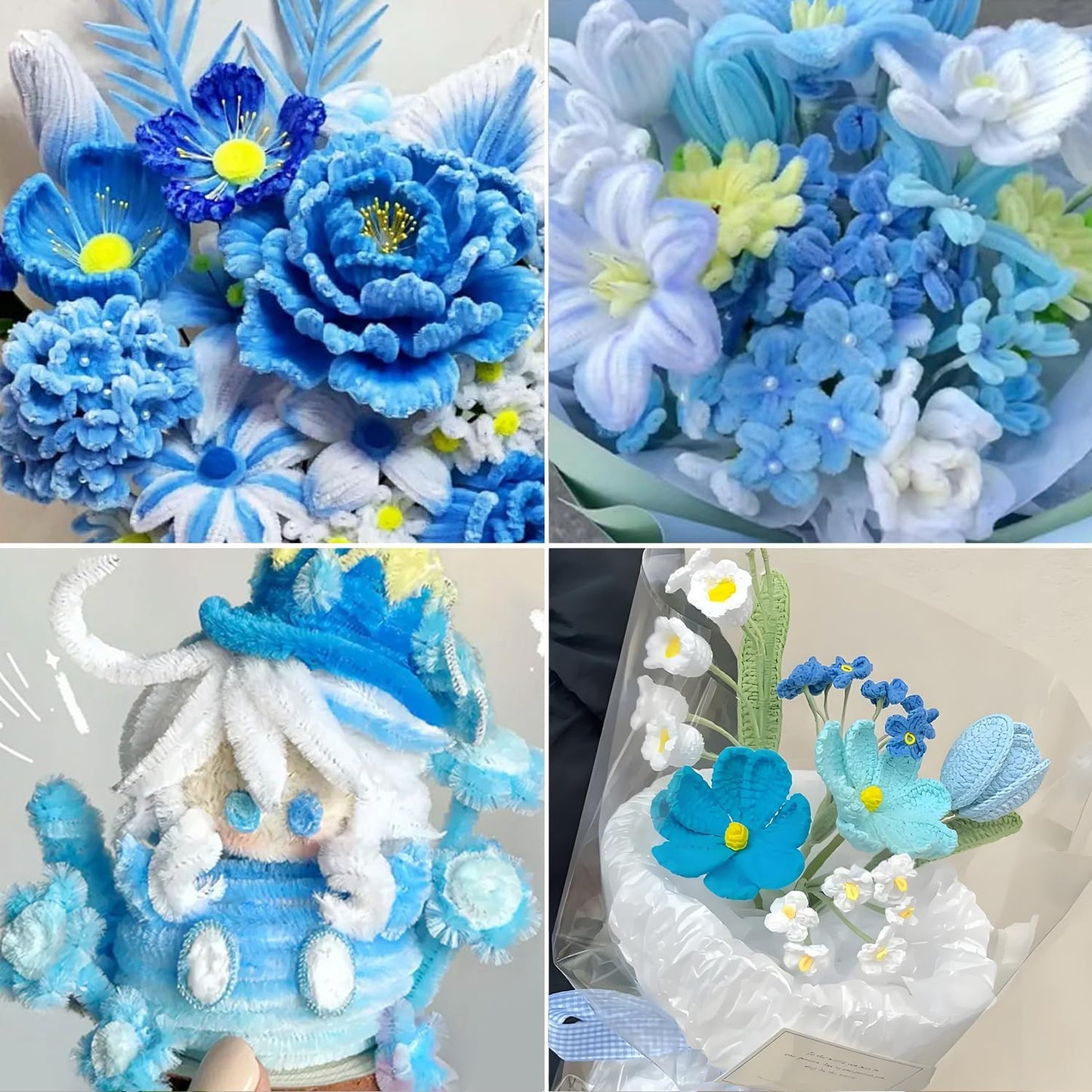 500 Pcs Pipe Cleaners Craft，Pipe Cleaner Bulk Flower Kit，6 Colors Chenille Stems Flower Kit for DIY Handmade Whit Ribbons，Stems,Tape，Stamens, Glue Sticks，Gift for Art Project Activity (Blue)