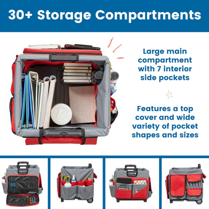 ECR4Kids Universal Rolling Cart with Canvas Organizer Bag, Mobile Storage, Red/Grey