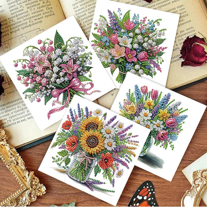 SHEGZHUC 6 Pack Diamond Painting Gift Card Diamond Art Kits for Adults Birthday Wedding Anniversary Greeting Get Well Congratulations Thank You Cards with Envelopes || Flowers in Vase Bouquets