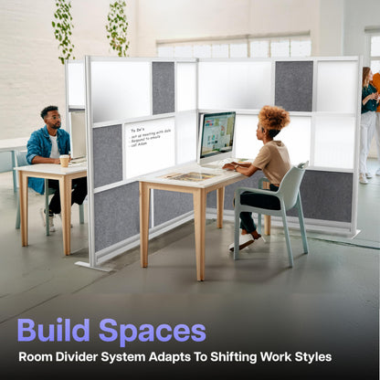 Room Divider for Office Privacy – Modular Freestanding Partition with Whiteboard, PET Acoustic Panel, and Frosted Acrylic, Workflow Multi-Functional Wall, Gray Frame, Easy Assembly (70” x 70”)