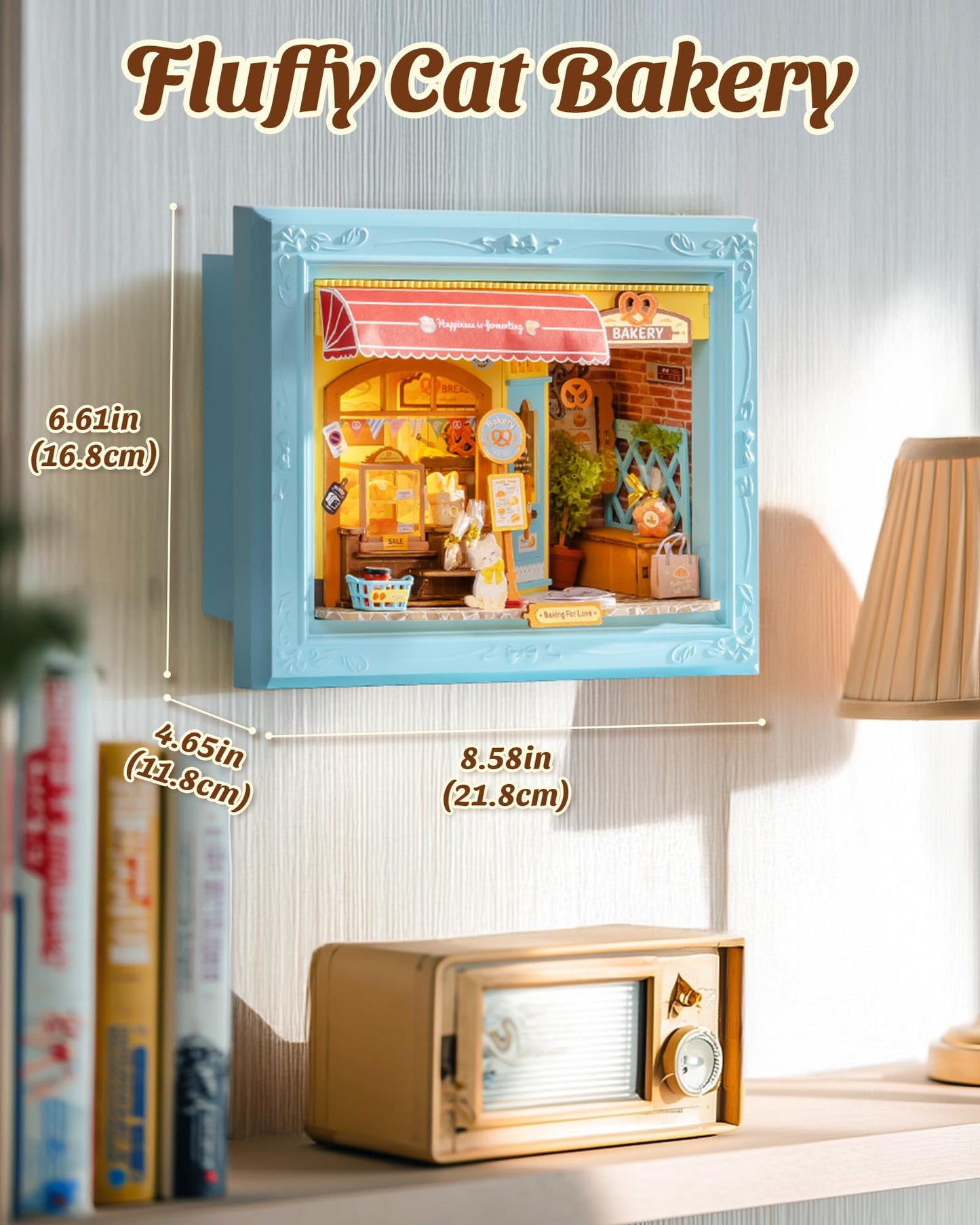 ROBOTIME 3D Puzzle DIY Miniature House Kit for Adults, a Fluffy Cat Bakery-Themed Wooden Dollhouse with Photo Frame, Tiny Building Set Model for Family Crafting & Holiday Decorative Gifts