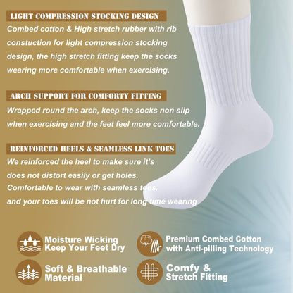 MAGIARTE Mens Athletic Cotton Crew Socks Moisture Wicking Running Cycling Multi Sports Socks for Men 5 PACK (Color #01L White)