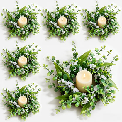 6 Pcs Green Boxwood Candle Rings Wreaths Mini Spring Summer Forsythia Wreath for Front Door Artificial Rings Wreaths with White Flowers for Pillar Porch Wall Window Farmhouse All Seasons Decor