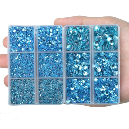 10000Pcs 2-Boxes Mixed Size Hot Fix Round Crystals Gems Glass Stones Hotfix Flat Back Rhinestones with Tweezers and Picking Pencil (Aquamarine)