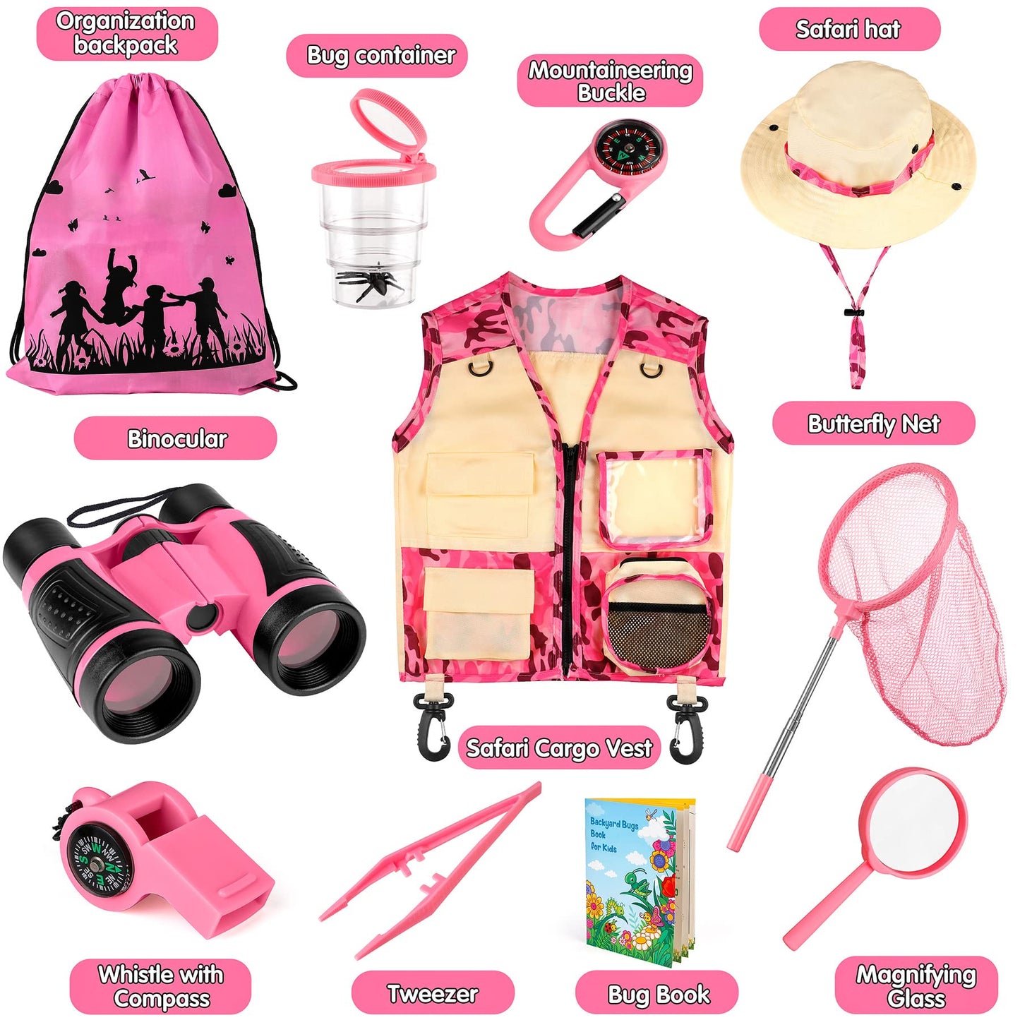 INNOCHEER Kids Explorer Kit & Bug Catcher Kit & Safari Costume Kit, Outdoor Exploration Set with Hat, Vest, Butterfly Net and Bugs Book for Boys Girls 3-12 Years Old (Camouflage Pink)