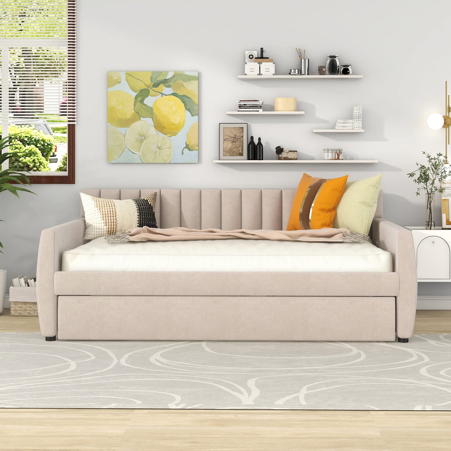 Favfurish Velvet Upholstered Full Size Daybed with Trundle, Solid Wooden Sofa Bed Frame w/Vertical Stripes Designed Backrest and Pine Legs, No Box Spring Needed