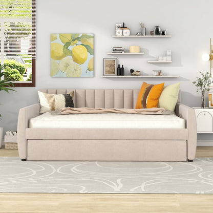 Favfurish Velvet Upholstered Full Size Daybed with Trundle, Solid Wooden Sofa Bed Frame w/Vertical Stripes Designed Backrest and Pine Legs, No Box Spring Needed