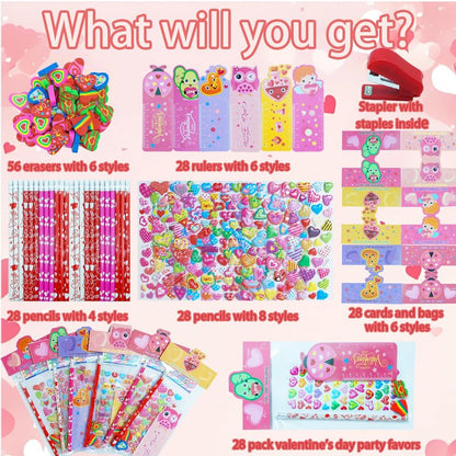 Decodinli 28 Pack Valentines Day Gifts for Kids - Valentine's Day Party Favors for School Exchanges Gifts with Erasers, Pencils, Stickers and Rulers, Valentine's Day Stationery Set with Gift Card