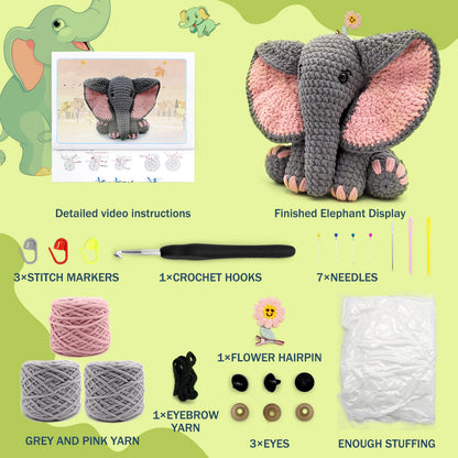 CODGP Crochet Kit for Beginners,13in Crochet Animal Kit Elephant,Crochet Starter Kit Gift for Adults with Yarn Sets,Amigurumi Crochet Kit with Step-by-Step Video Tutorials