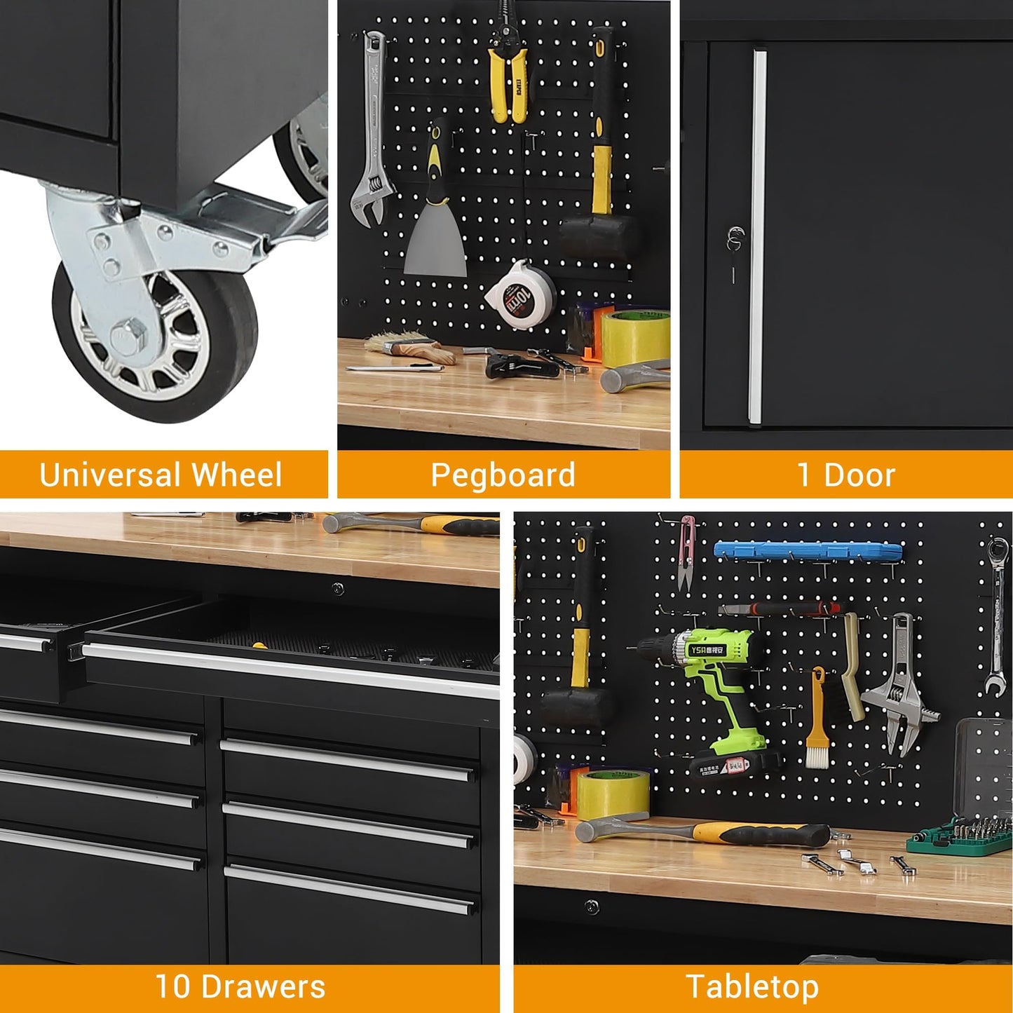 61 Inch Rolling Tool Chest with 10 Drawers, Rubber Wood Workbench Top, Anti-Fingerprint Steel, Lockable Wheels & Key Lock, Mobile Storage Cabinet Organizer for Garage & Workshop