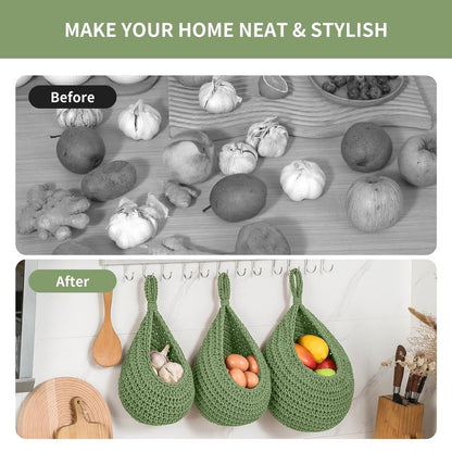 Boho Wall Hanging Fruit Baskets for Kitchen 3 Pack Woven Produce Holder with 6 Pcs Strong Hooks Vegetable Hanging Basket for Organizing Teardrop Home Wall Potato Onion Storage, Green