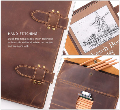Robrasim Handmade Leather Sketchbook Cover, Artist Sketch Pad Holder for 9"X12" Top Spiral Bound Sketchbook, Drawing Book Pencil Case, Journal Portfolio with Shoulder Strap, Artist Gifts,Brown
