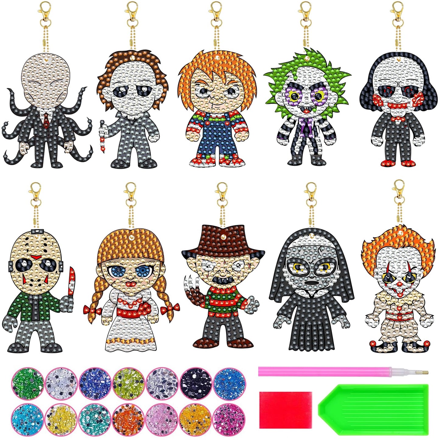 WEUOPG 10 Pcs Halloween Diamond Art Keychains, Horror Movie Diamond Painting Keychains for Crafts, Creative Festival Decoration, Double Sided Hanging Pendants for Decorations