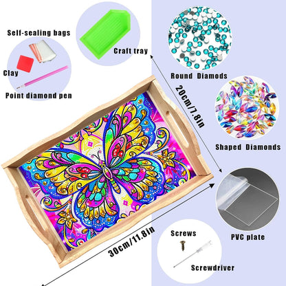 Leatrice Butterfly Diamond Art Kits for Adults Diamond Painting Serving Trays Wood Tray with Handle Big Gem Art DIY Crafts for Beginners Women in Party Kitchen Decor 7.8x11.8 Inches