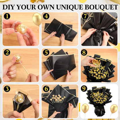 Funnymoom 109 Graduation DIY Chocolate Flower Bouquet Kit 2026 Candy Rose Clear Acrylic Lollipop Ball Holder Floral Wrapping Paper 3D Gold Butterfly Crown Ribbon Grad Gift(Black and Gold)