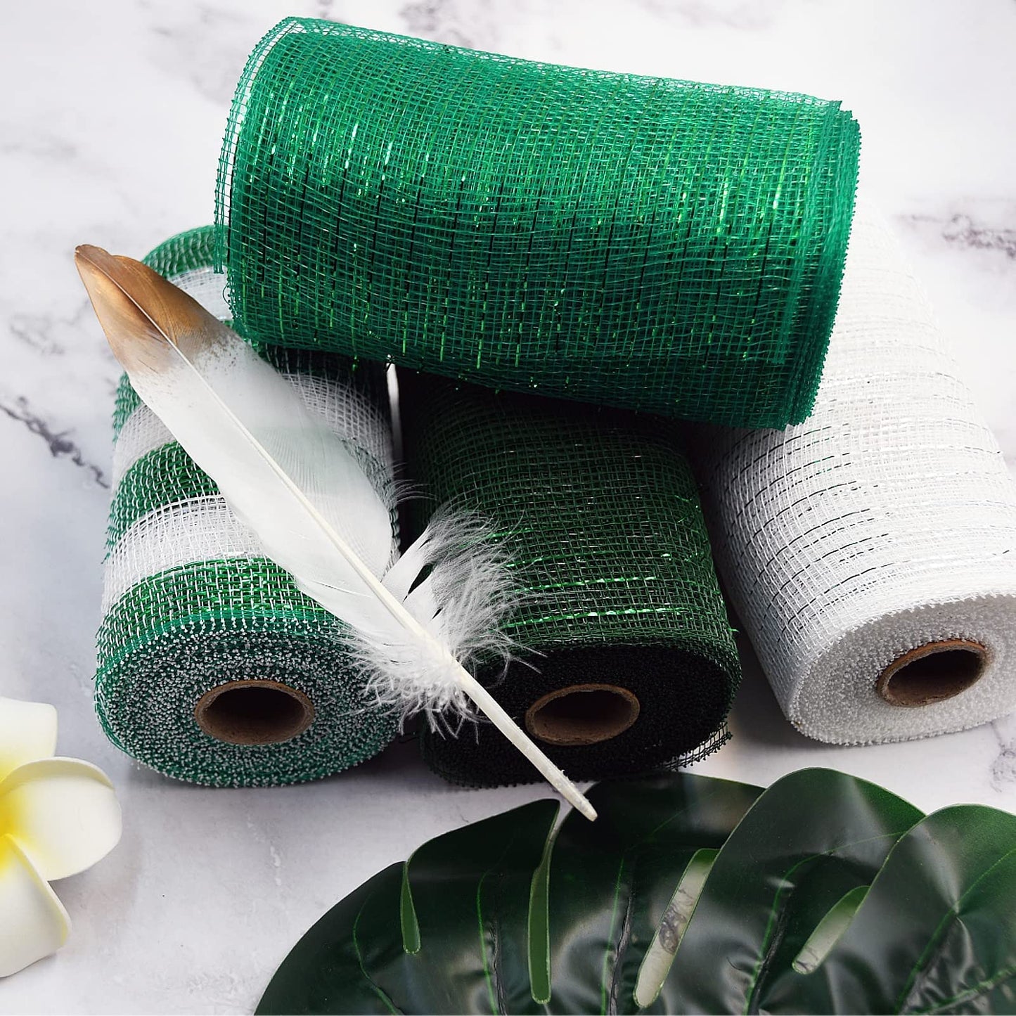 NBHH St. Patrick's Day Mesh Ribbon Deco,White Green Dark Green Border Striped Deco Mesh Wire Ribbon Metallic Foil Rolls for DIY St. Patrick's Decorations Wrapping Craft, 4 Rolls(6 inch Wide)