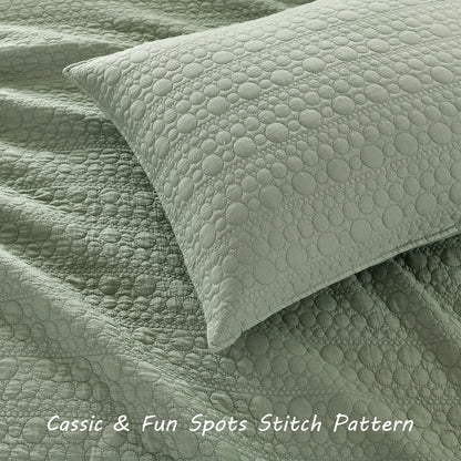HORIMOTE HOME Quilt Set Queen Size Sage Green, Classic Geometric Spots Stitched Pattern, Pre-Washed Microfiber Chic Rustic Look, Ultra Soft Lightweight Quilted Bedspread for All Season, 3 Pieces