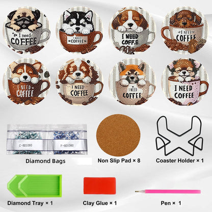 Ekuxom 8 Pcs Coffee Dog Diamond Art Coasters Kits with Holder-Diamond Painting Coasters Kits-DIY Crafts Art Coaster Kit for Home Decor
