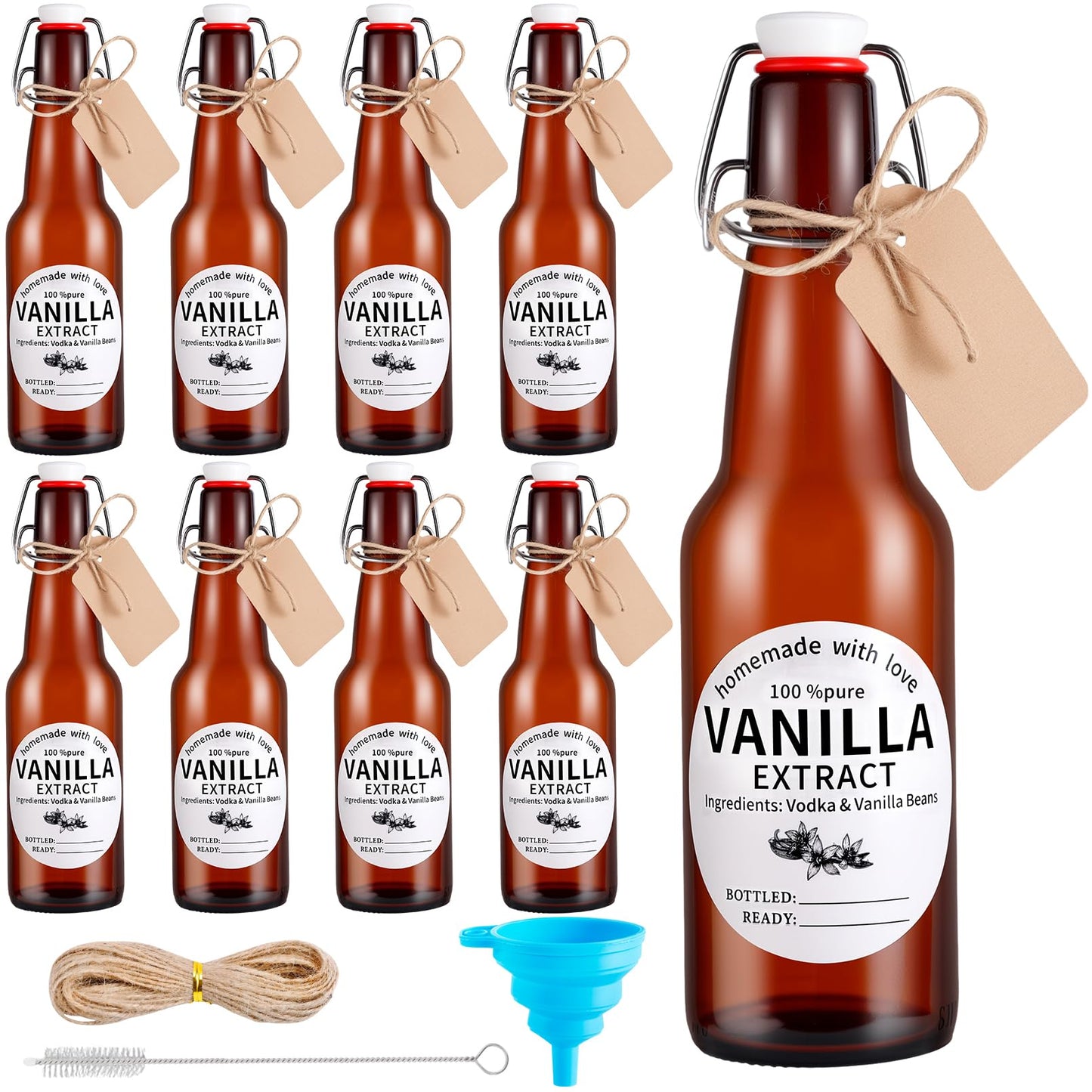 Dyrfolm 8 Pack 11 Oz Swing Top Glass Bottles Set - Glass Bottles for Vanilla Extract with Caps, Labels, Twine, Funnel & Brush, Reusable Flip Top Bottles for Home Brewing, Oil, Beer, Tea & DIY Crafts