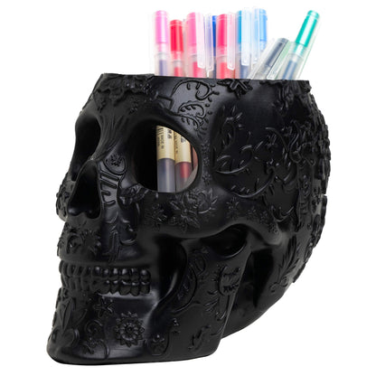 Skull Makeup Brush Holder, Pen Holder, Vanity, Desk, Office Organizer, Stationary, Decor Planter , Candy Bowl , Goth Decorations , Extra Large, Skulls Gothic Skull & Bones Organizer Bathroom (Black)