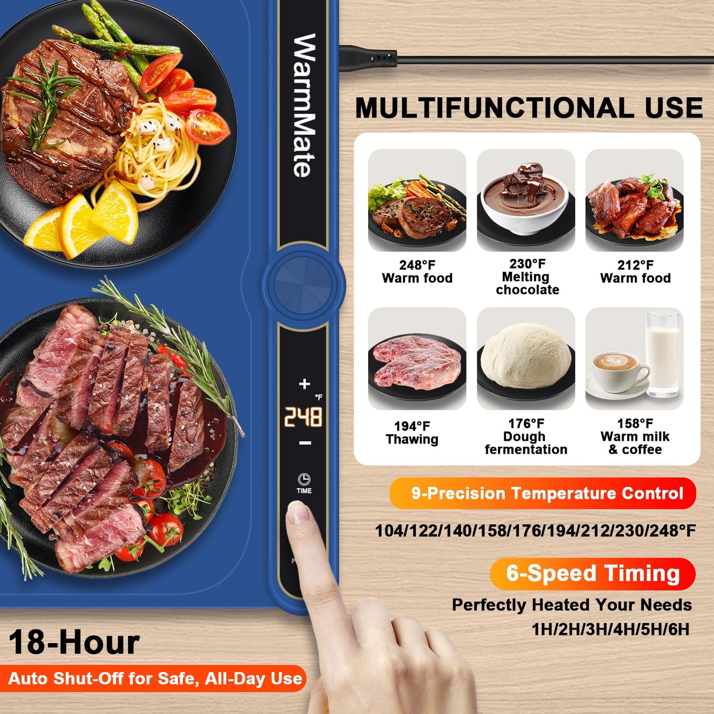 WarmMate Food Warming Mat，Electric Warming Tray with 9-Level Temperature Precision Control, 6H Timer,8s Full Surface Rapid Heating, Ideal for Buffets, Parties & Gatherings (Roll-Up Design，Dark Blue)