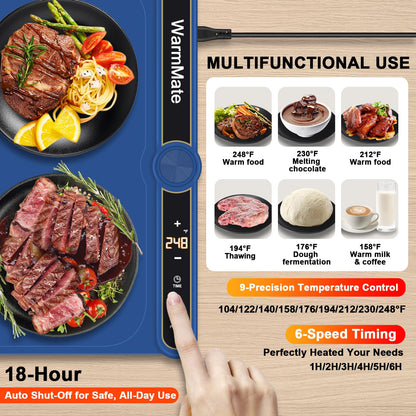 WarmMate Food Warming Mat，Electric Warming Tray with 9-Level Temperature Precision Control, 6H Timer,8s Full Surface Rapid Heating, Ideal for Buffets, Parties & Gatherings (Roll-Up Design，Dark Blue)