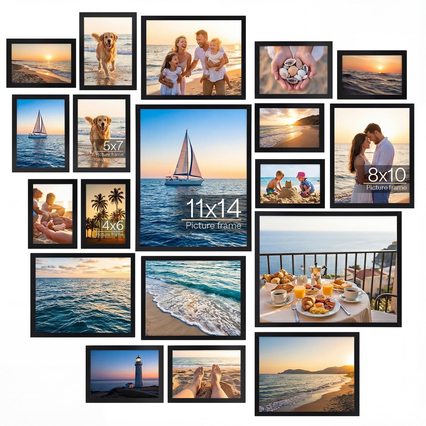 WIFTREY 18 Pack Picture Frames Collage Wall Decor, Black Gallery Photo Frame Set for Mounting or Tabletop Display, Multi Sizes Including 6pcs 4x6, 6pcs 5x7, 4pcs 8x10, 2pcs 11x14