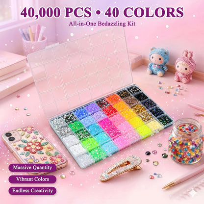 40000 Pcs 40 Colors Resin Jelly Rhinestones for Bedazzling, 3mm Flatback Gems Bedazzler Kit with 4Pcs B7000 Jewelry Glue and Tools, Multicolor Craft Jewels for DIY, Shoes, Crafting, Nail Art & Books