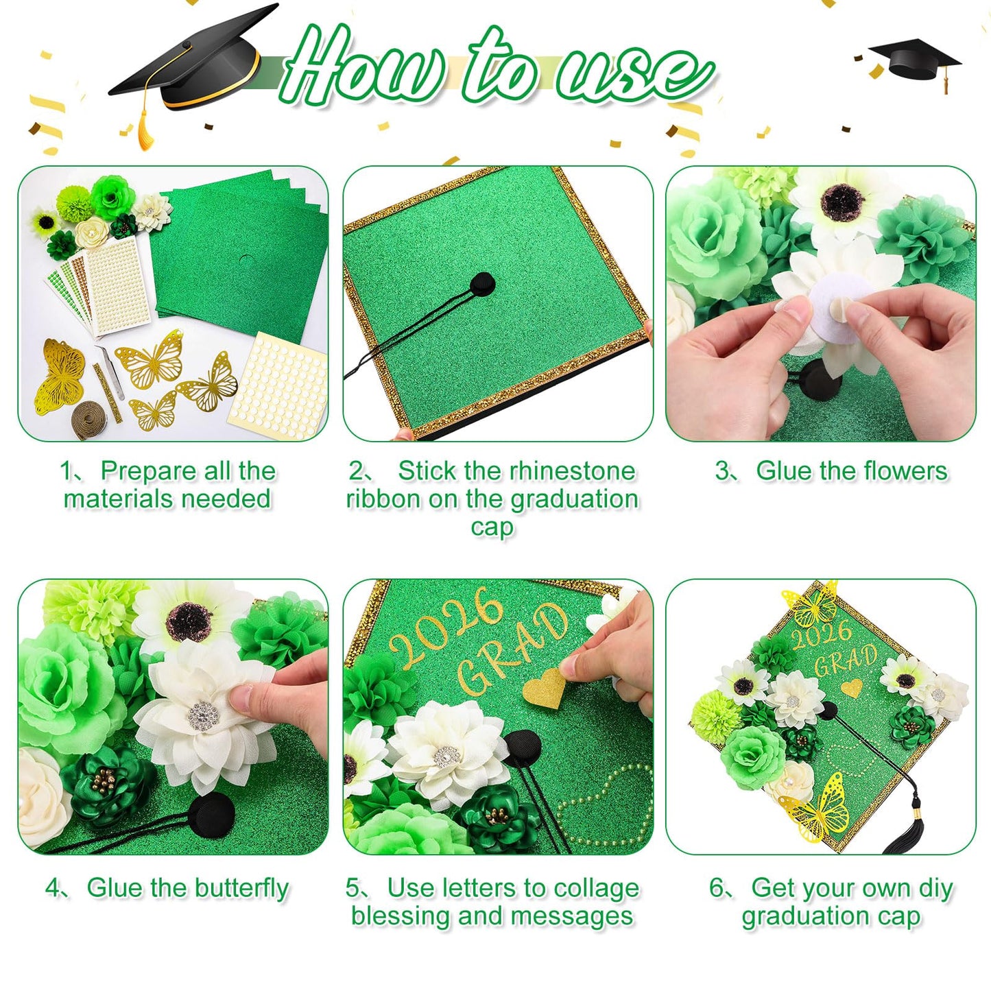 Wavwavw 43 PCS DIY Graduation Cap Decorations Kit, Grad Cap Decorations Included Faux Flowers 3D Butterfly Self Adhesive Rhinestones Stickers Alphabet Letter Stickers for 2026 Grad Party(Green)