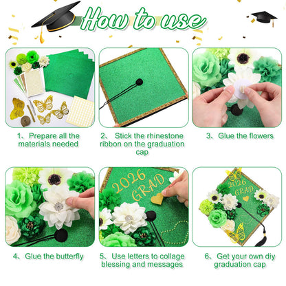Wavwavw 43 PCS DIY Graduation Cap Decorations Kit, Grad Cap Decorations Included Faux Flowers 3D Butterfly Self Adhesive Rhinestones Stickers Alphabet Letter Stickers for 2026 Grad Party(Green)