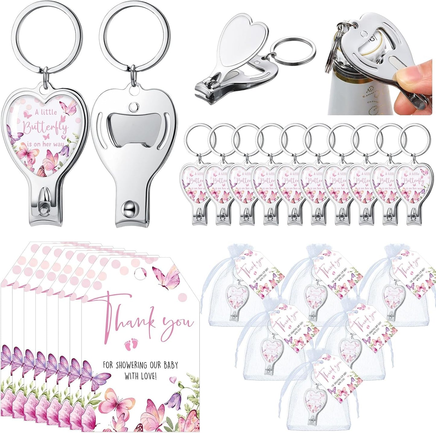 25 Sets Wesiti Baby Shower Favor for Guests Butterfly Keychain with Nail Clipper and Bottle Opener Thank You Tag Card