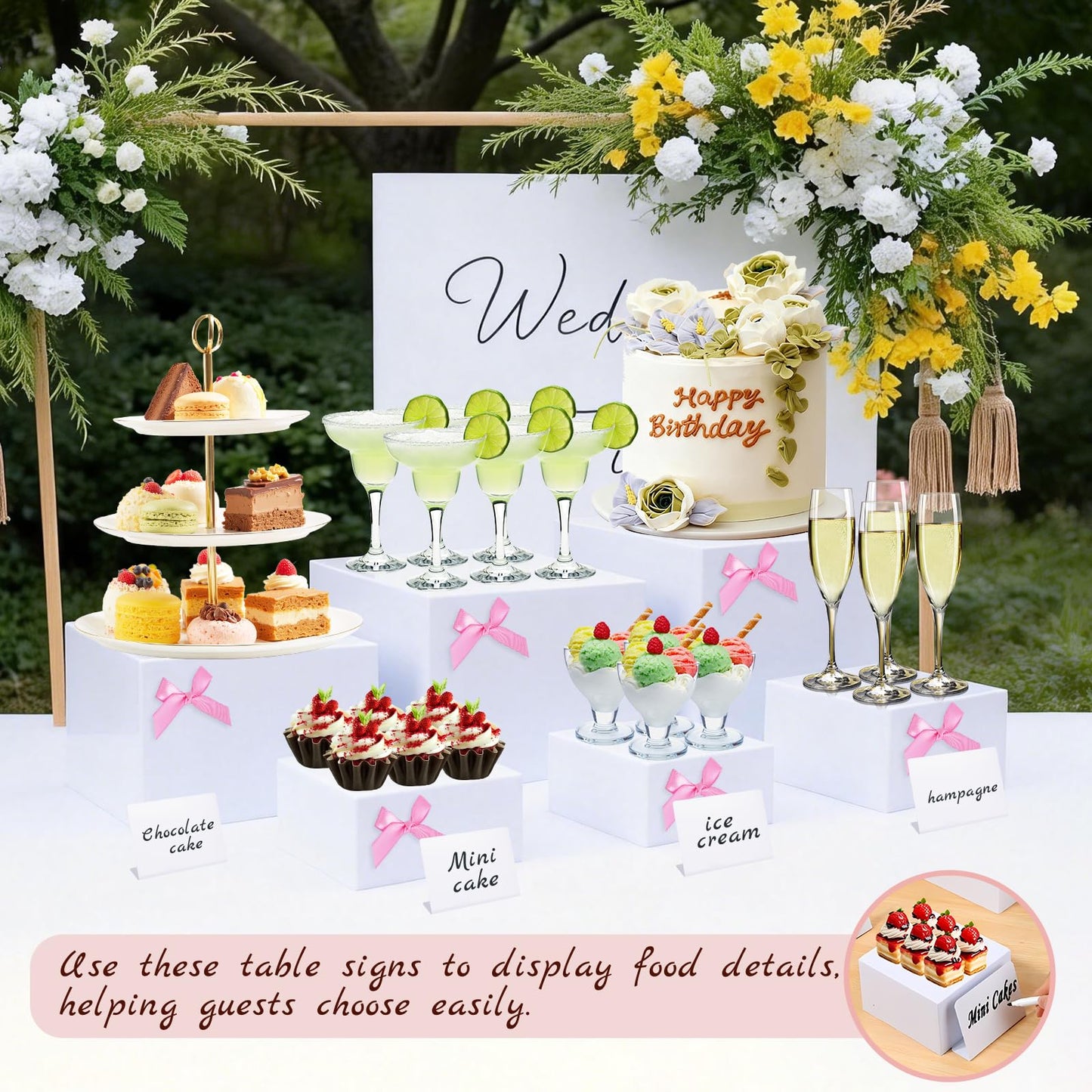 Hokimder 6 Pcs Acrylic Buffet Risers with Mini Signs and Makers, White Food Risers with Bowknot and Hollow Bottoms, Food Display Stands for Party, Dessert, Jewelry & Collectibles (8",7",6",5",4",4")