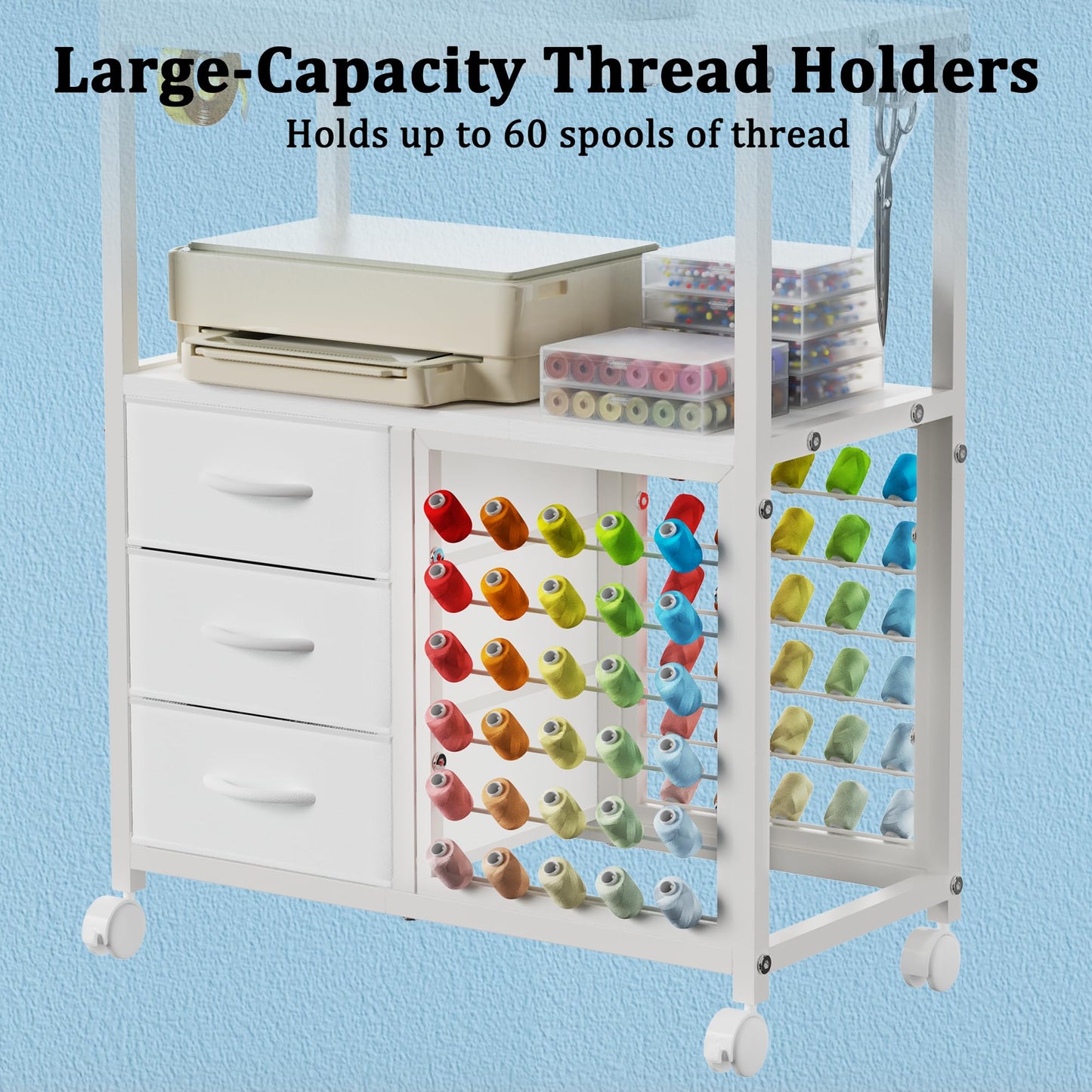 Sewing Table with 60 Spools Thread Holder and 3 Fabric Drawers, Rolling Sewing Machine Table for Storage Embroidery Machine, Rolling Craft Table Cart for Sewing Organizer, White, Patent Pending