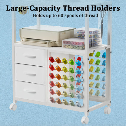 Sewing Table with 60 Spools Thread Holder and 3 Fabric Drawers, Rolling Sewing Machine Table for Storage Embroidery Machine, Rolling Craft Table Cart for Sewing Organizer, White, Patent Pending