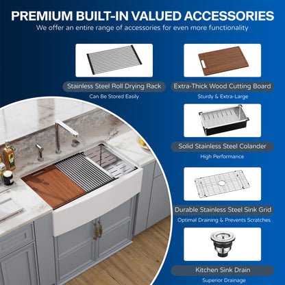33 White Farmhouse Sink Workstation, Hugsleek Undermount Farm Kitchen Sink 33x21 inch Apron Front White Porcelain Ceramic Fireclay Sinks Ledge Accessories Under Counter Single Bowl Farmer Sinks Basin