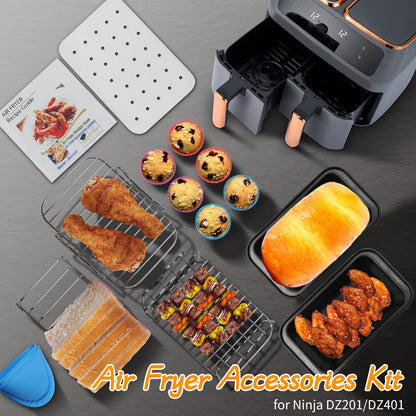 Dual Basket Air Fryer Accessories, 15pcs Set for Ninja DZ401 DZ201 Foodi Dualzone Air Fryers with 100pcs Air Fryer Liners, 2 Non-Stick Pans, Bread,Toasting,Skewer Racks, 6 Cake Cups, 2 Mitts, Recipes