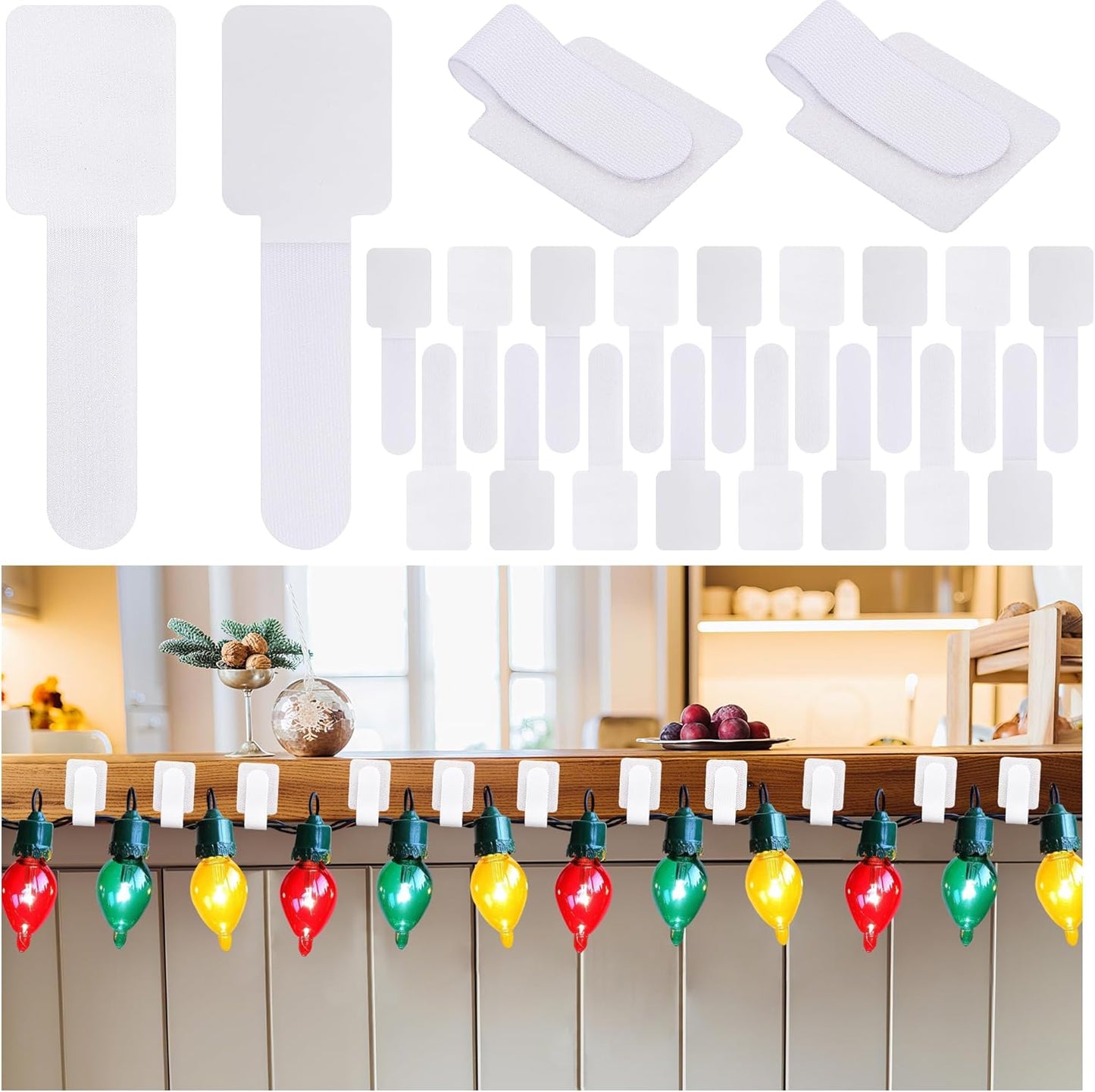 80 Pcs Adhesive Christmas String Lights Strap Holders, Outdoor Hanging Christmas Lights Cable Ties, Hook and Loop Cable