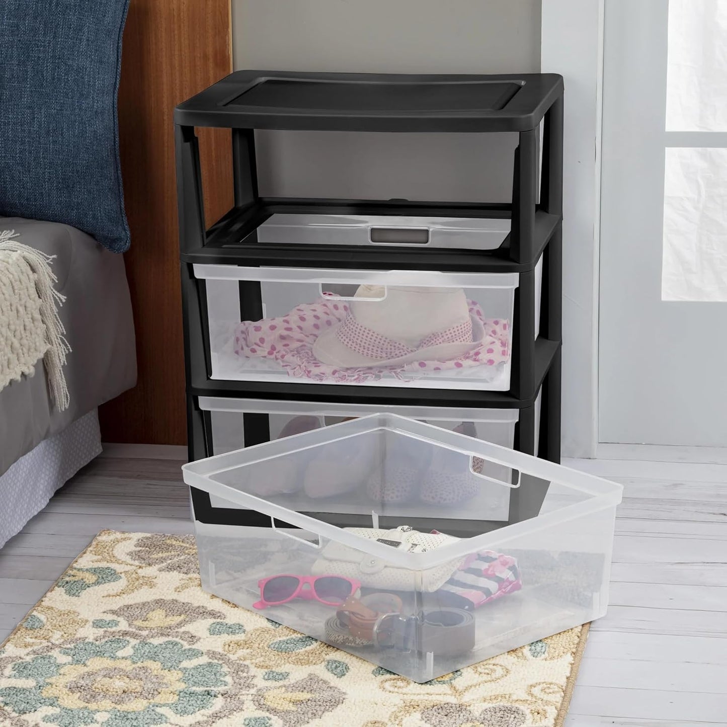 CLMSTE 3 Plastic Drawer Wide Tower Plastic Storage Cart with Clear Pull Out Drawers, Black