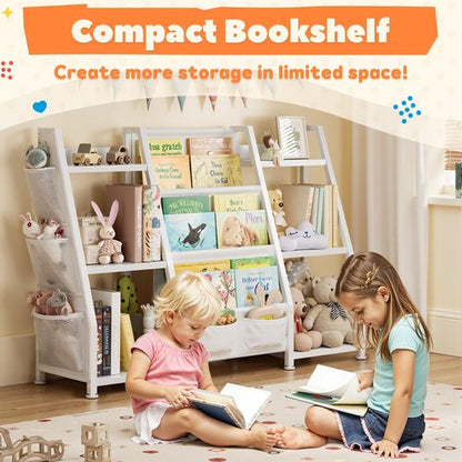 GoTiling Kids Bookshelf and Toy Storage Organizer, Triangle Frame with Extra Wide 3-Tier Sling Pockets, Freestanding Montessori Book Display Rack for Toddler Room, Nursery, and Playroom, White