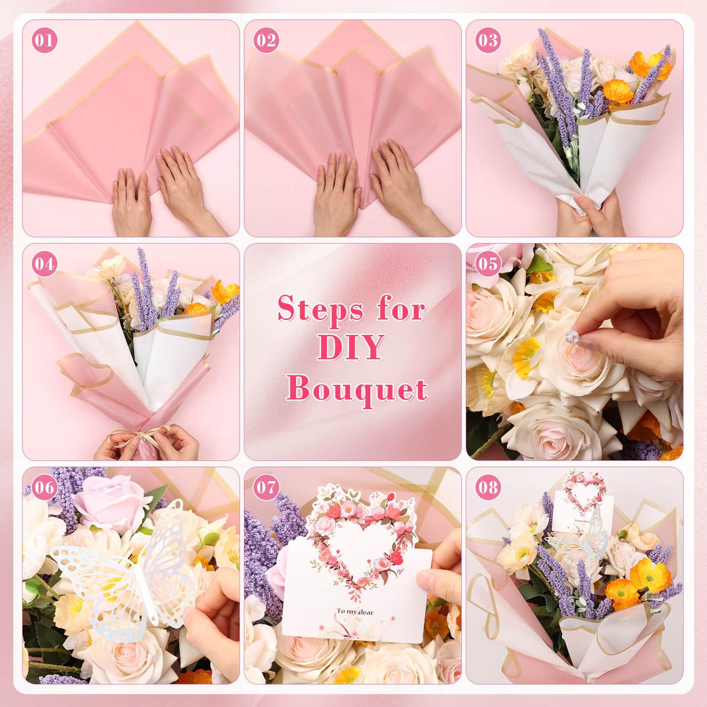 Thrilez 187PCS Flower Bouquet Wrapping Paper Kit Includes 40 Floral Paper, 24 Butterflies, 100 Bouquet Pins, 3 Ribbons and 20 Greeting Cards for Mother's Day Wedding Baby Shower Graduation