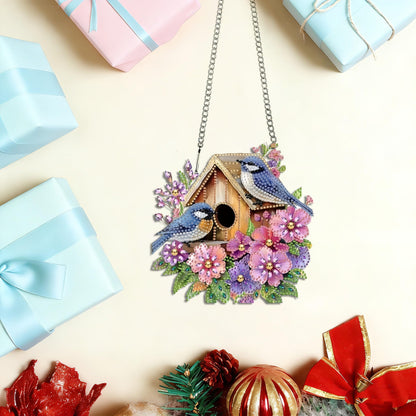 LPDJITO DIY Birdhouse Diamond Painting Hanging Ornament, Double-Sided Acrylic Flowers Bird Diamond Art Kit, Special Shaped Drill Pendant Window Art Kit, Suncatcher Hanging Craft Decoration